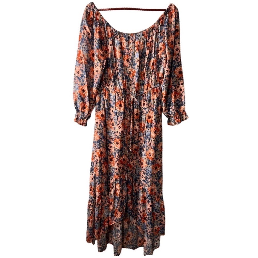 Indigo Rose Floral Maxi Dress Petite Large Orange Blue Boho High Low Rayon PL